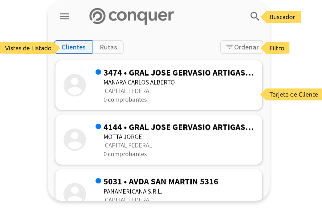 Pantalla de Clientes mostrando el listado con sus modos de visualización